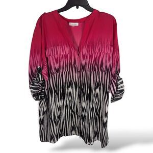 Calvin Klein Blouse 2X Zebra Print Ombré Split Button Down Eclectic Artsy‎